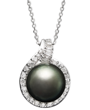 image of 14k White Gold Necklace, Cultured Tahitian Pearl (12mm) and Diamond (1/2 ct. t.w.) Pendant