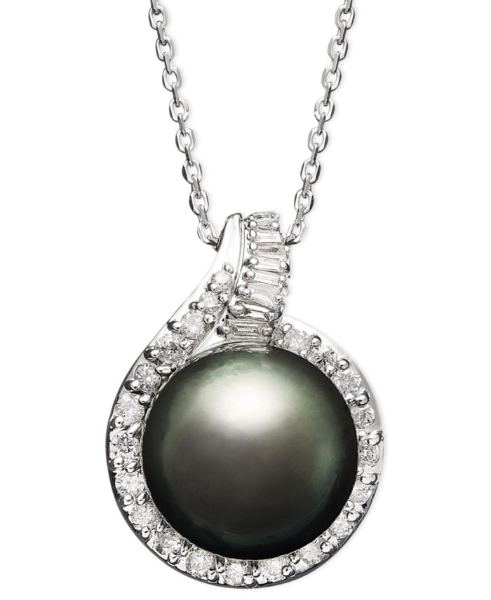 14k White Gold Necklace, Cultured Tahitian Pearl (12mm) and Diamond (1/2 — 2 count