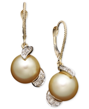 image of 14k Gold Earrings, Cultured Golden South Sea Pearl (9mm) and Diamond (1/5 ct. t.w.) Drop Earrings