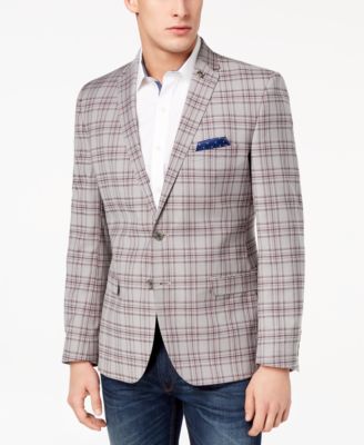 Nick Graham - Men's Slim-Fit Stretch Gray/Burgundy Plaid Sport Coat