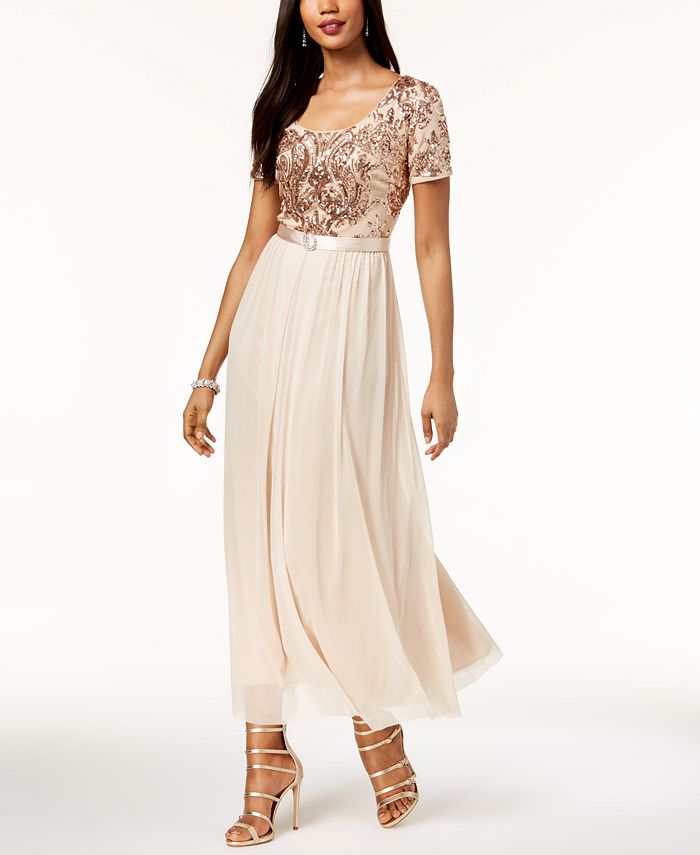 R & M Richards Belted Sequined & Chiffon Gown - Macy's