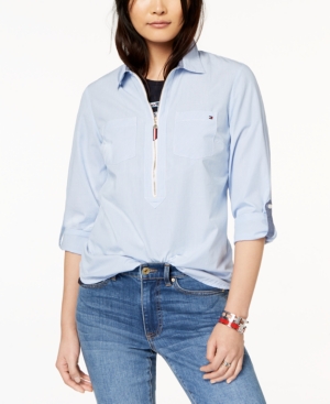 image of Tommy Hilfiger Cotton Half-Zip Printed Popover Top, Created for Macy-s