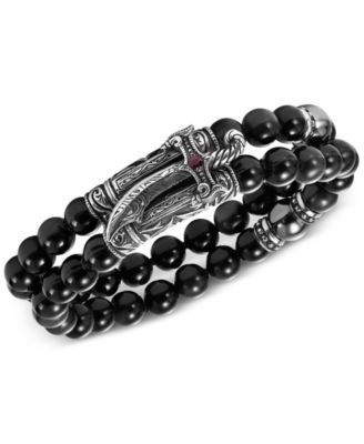 Scott Kay - Men's Obsidian Bead (8mm), Hematite Bead (10mm) & Ruby (1/8 ct. t.w.) Bracelet in Sterling Silver