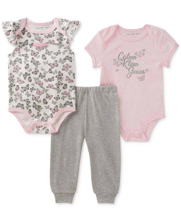 Calvin Klein 3 Pc. Printed Cotton Bodysuits Pants Set Baby
