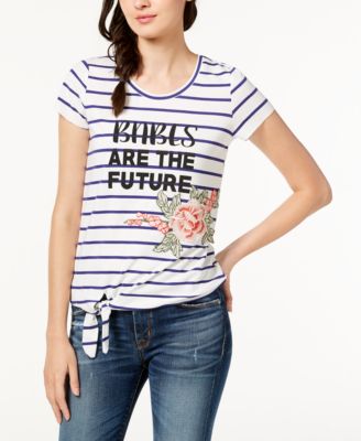 Crave Fame - Juniors' Striped Tie-Front Embroidered Top