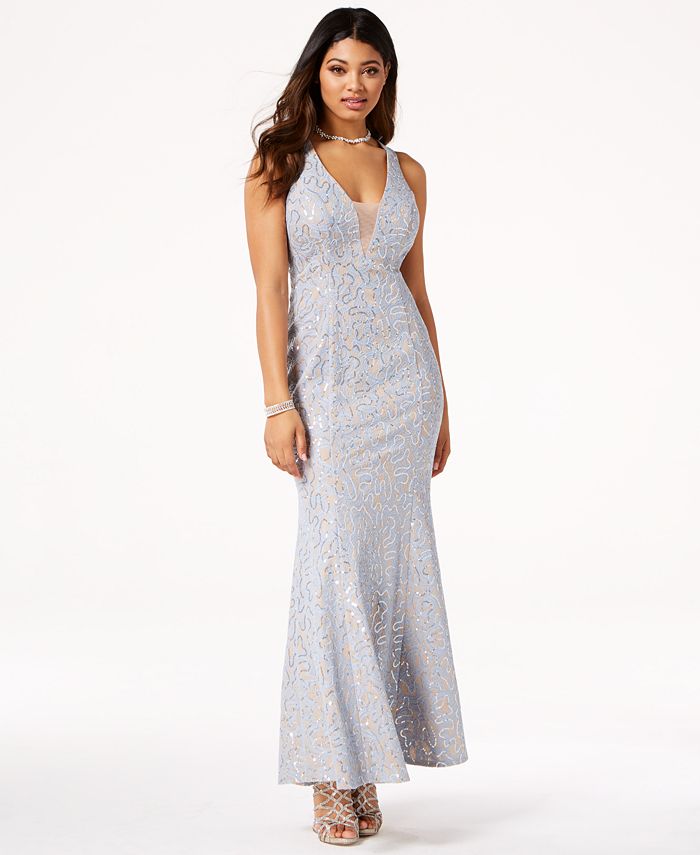 Jump Juniors' Sequined Lace Open-Back Gown - Macy's
