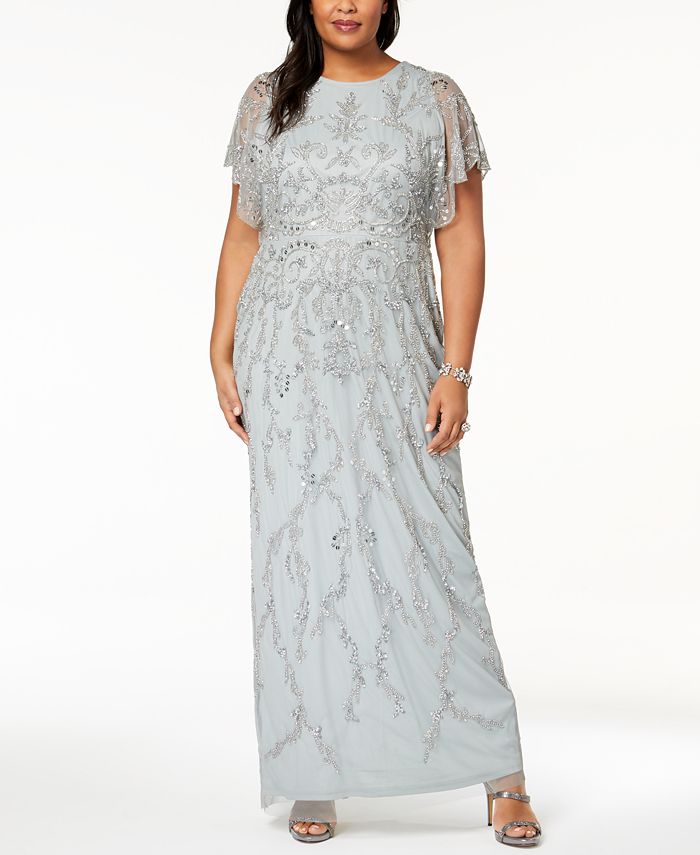 Adrianna Papell Plus Size Beaded Flutter-Sleeve Gown - Macy's