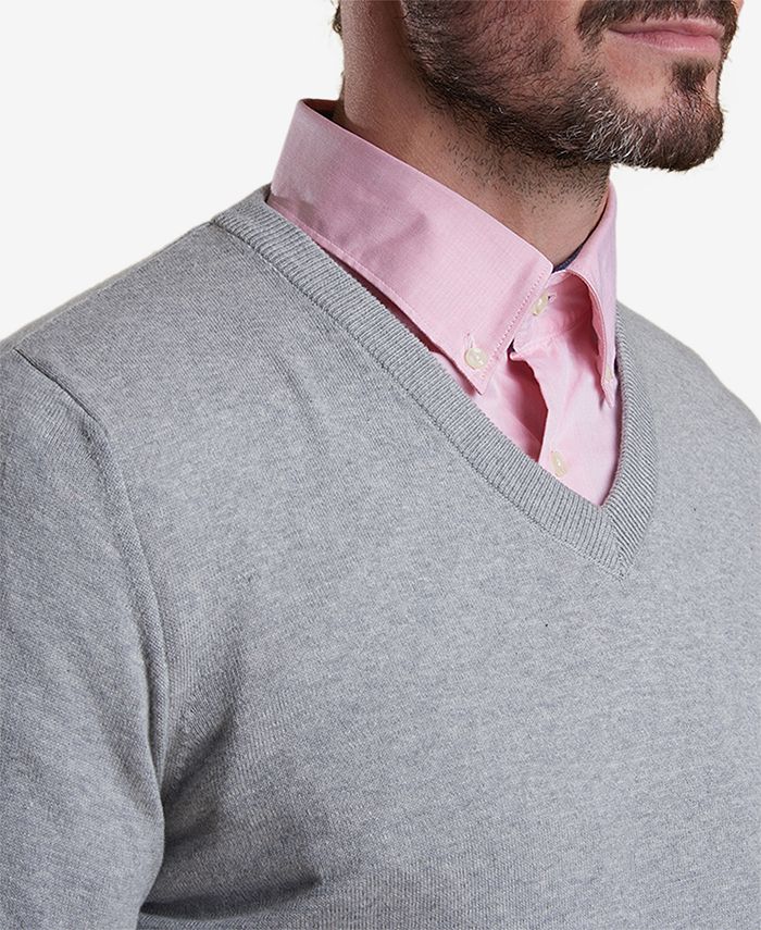 Barbour Men's Clyde Medium Gray VNeck Sweater with Tartan Elbow