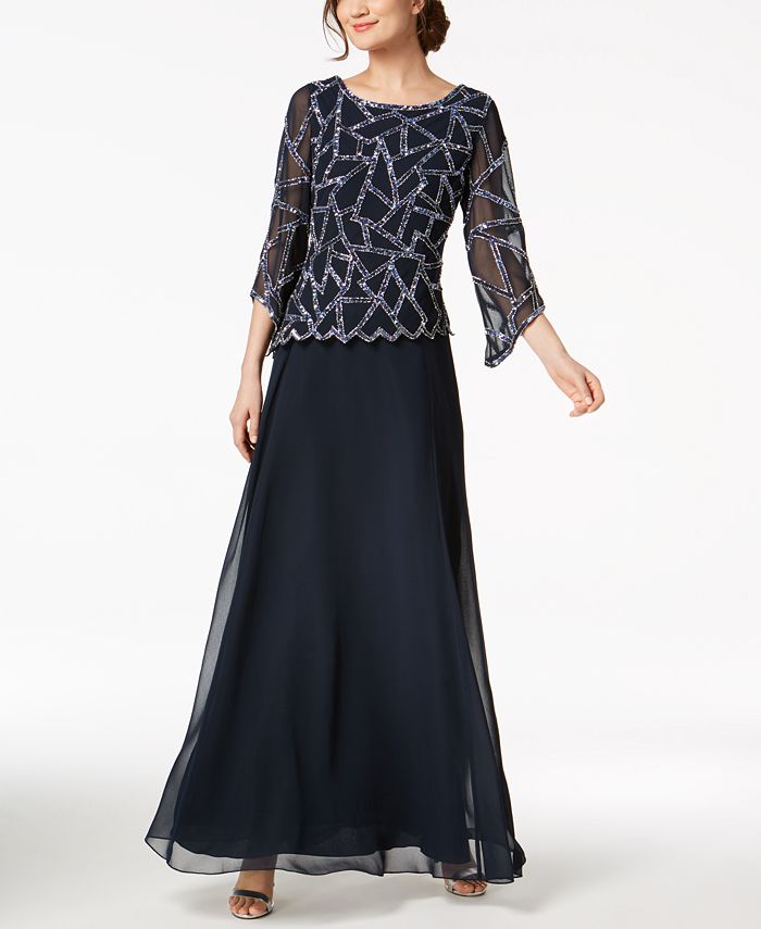 J Kara Embellished 3/4-Sleeve Gown - Macy's
