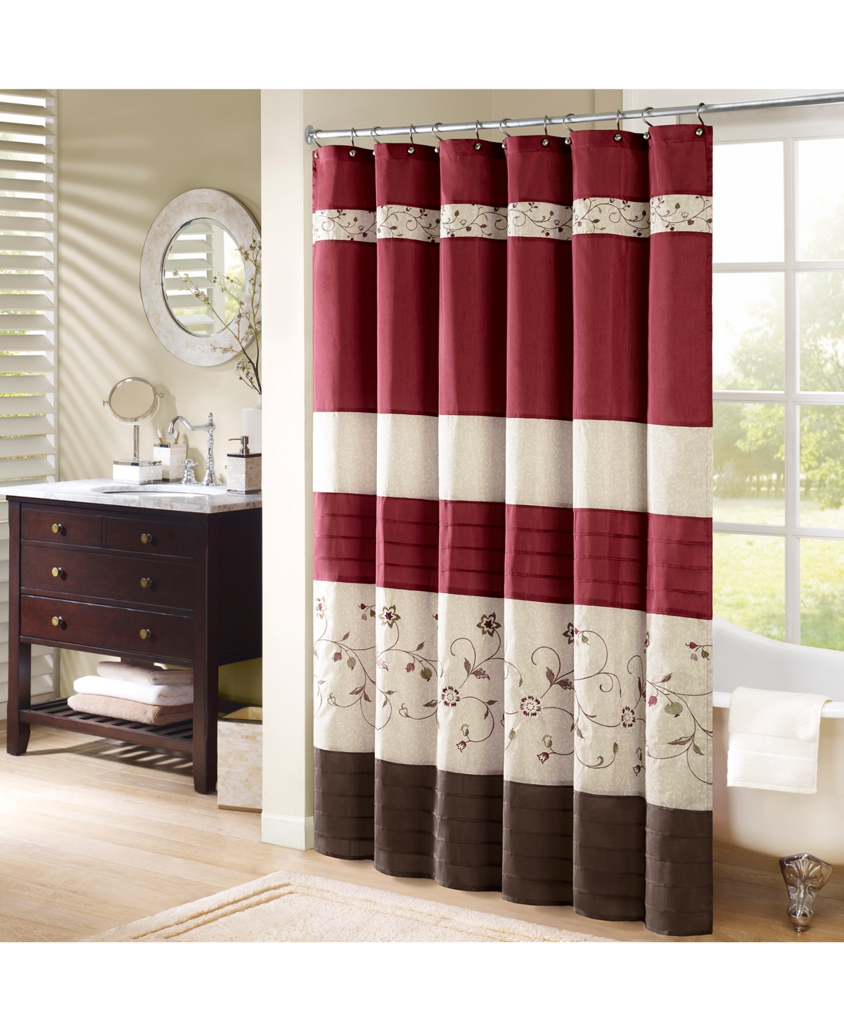 Madison Park Serene Floral Embroidered Shower Curtain, 72" X 72" In Red