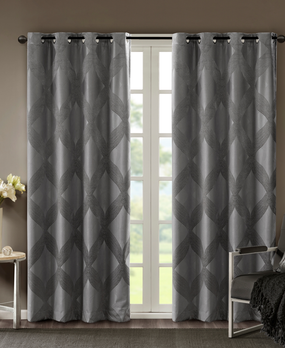 Bentley Ogee Knitted Jacquard Total Blackout Curtain Panel, 50"W x 95"L - Charcoal