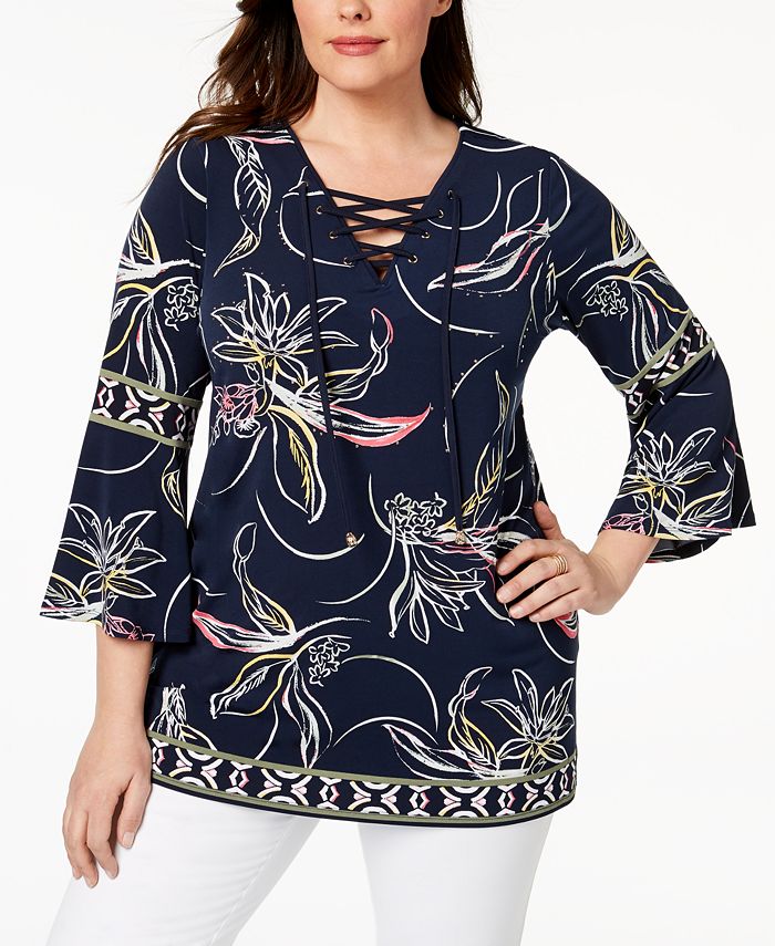 JM Collection Plus Size Printed Lace-Up Top, Created for Macy's - Macy's