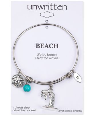 Unwritten - "Life's A Beach, Enjoy the Waves" Palm Tree and Surfboard Charm Adjustable Bangle Bracelet