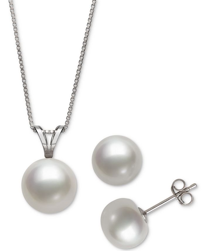 Macy's - 2-Pc. Set White Cultured Freshwater Pearl Pendant Necklace (9mm) & Stud Earrings (8mm) (also in Grey Cultured Freshwater Pearl & Pink Culutred Freshwater Pearl)