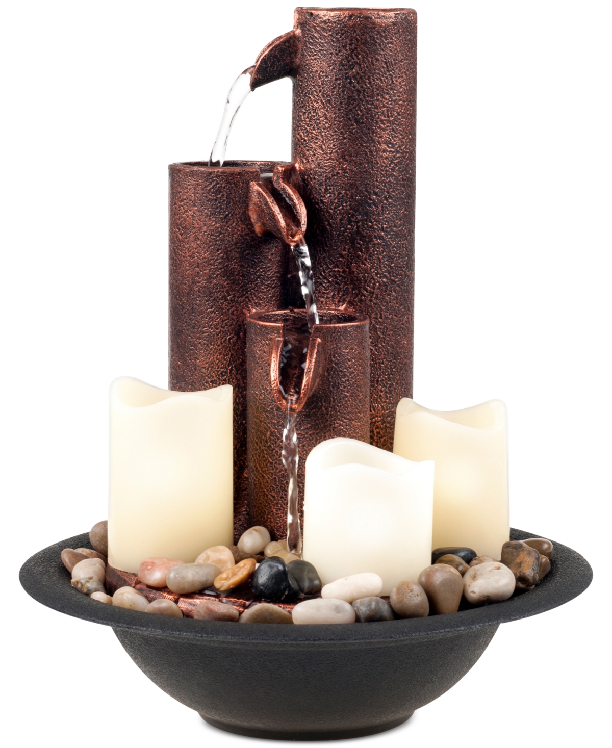 Pure Garden Tiered Column Tabletop Fountain with Led Lights & Candles - Brown