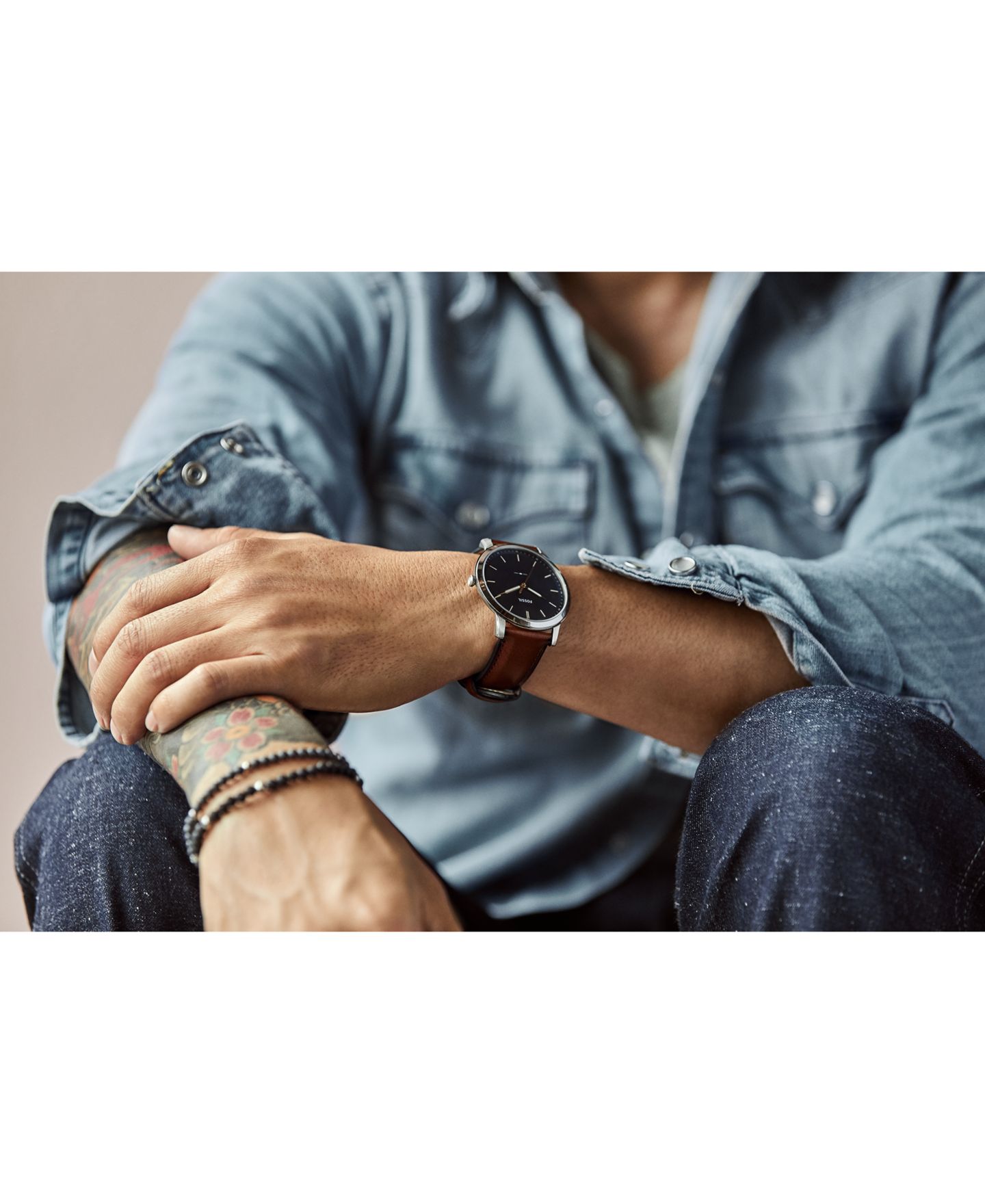 Мужские часы Fossil The Minimalist Brown Leather Strap Watch 44mm, цвет: Коричневый / Синий — фото 4