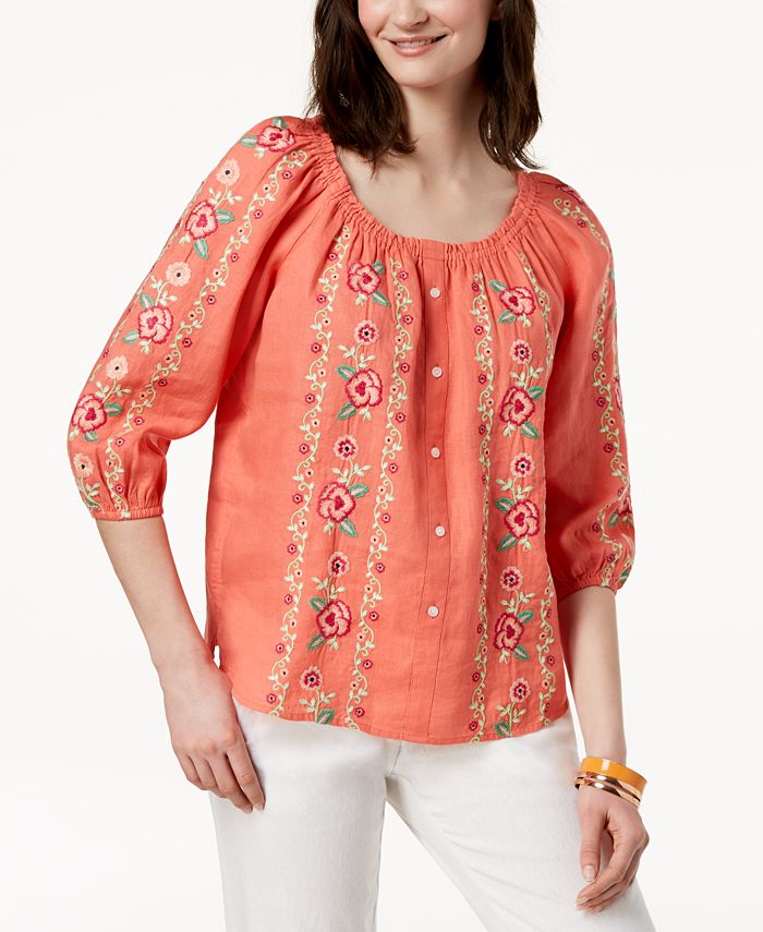 Charter Club Embroidered Linen Peasant Top, Created for Macy's Macy's