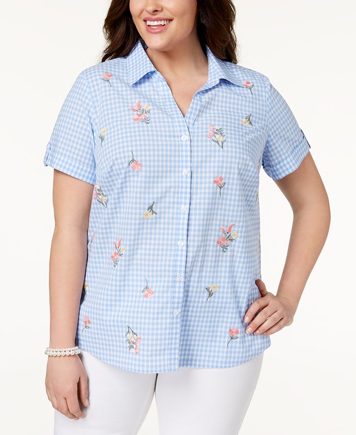 Karen Scott Plus Size Cotton Embroidered Shirt, Created for Macy's - Macy's