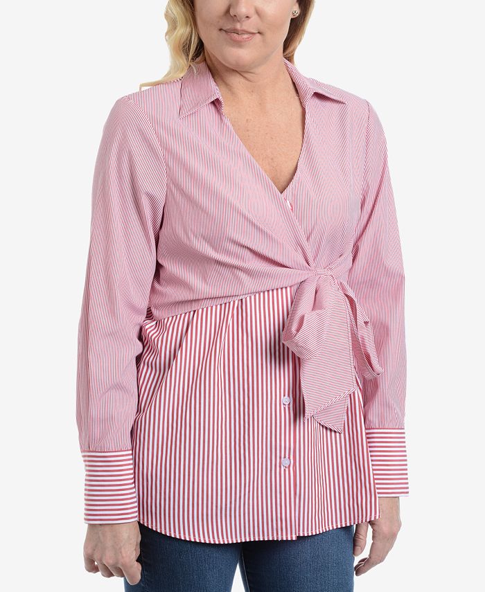 NY Collection Striped Tie-Waist Blouse - Macy's