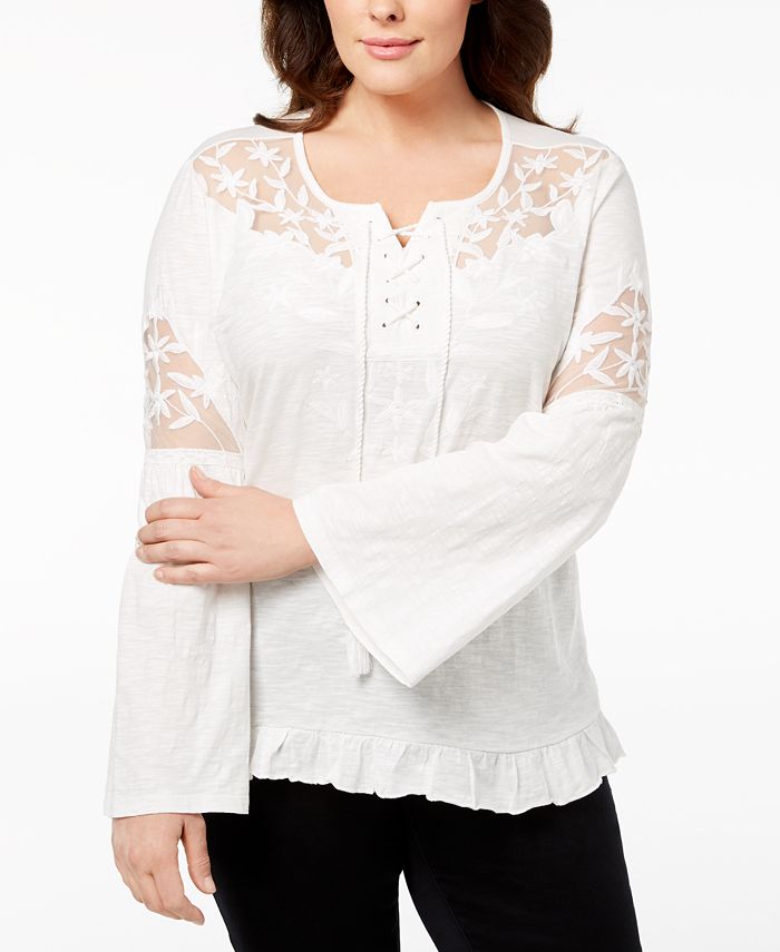 Style & Co Plus Size Lace-Up Embroidered Peasant Top, Created for Macy ...