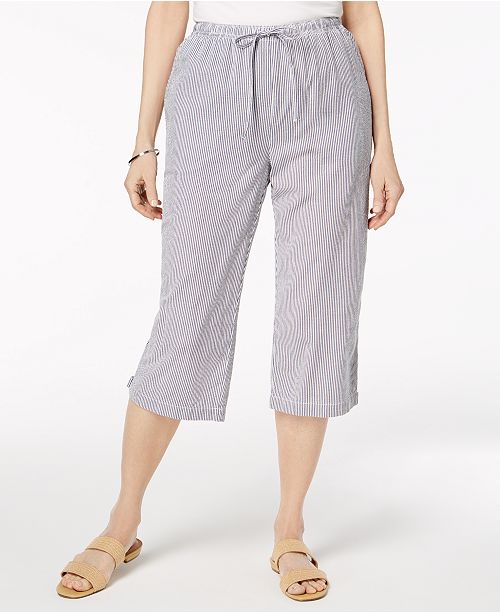 Karen Scott Petite Cotton Striped Seersucker Capri Pants, Created for ...