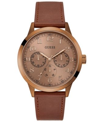 GUESS - Men's Brown Leather Strap Watch 46mm