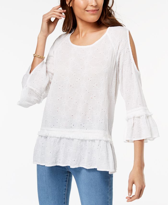 Style & Co Petite Eyelet-Embroidered Cold-Shoulder Top, Created for ...