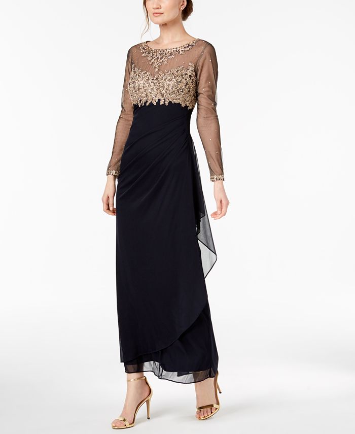 XSCAPE Petite Embroidered Illusion Gown - Macy's