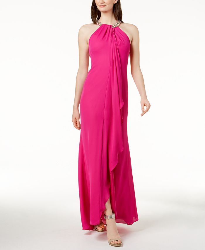 Calvin Klein Draped Chiffon Halter Gown - Macy's