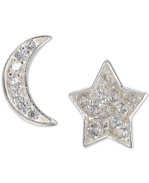 Unwritten Cubic Zirconia Moon & Star Mismatch Stud Earrings in Sterling Silver - Fashion Jewelry ...