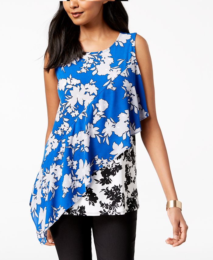 Alfani Mixed-Print Asymmetrical Top, Created for Macy's - Macy's