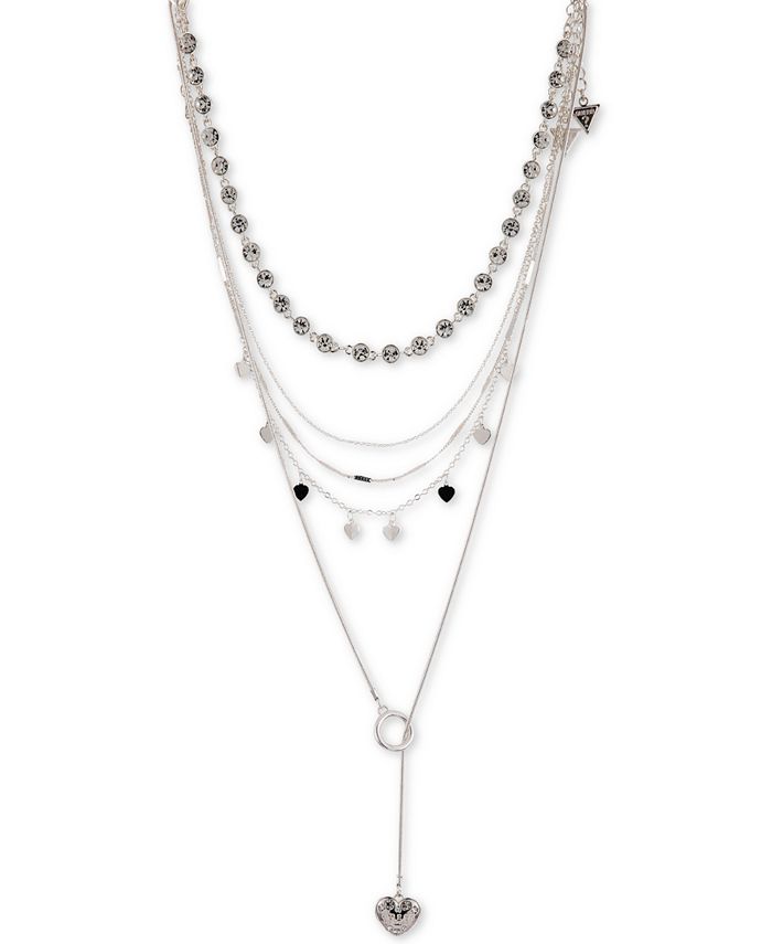 GUESS Silver-Tone 3-Pc. Set Crystal, Heart & Lariat Necklaces - Macy's