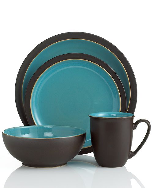 Denby Dinnerware, Duets Brown and Turquoise 4 Piece Place Setting