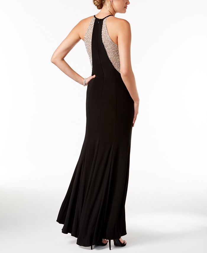 xscape caviar beaded illusion gown