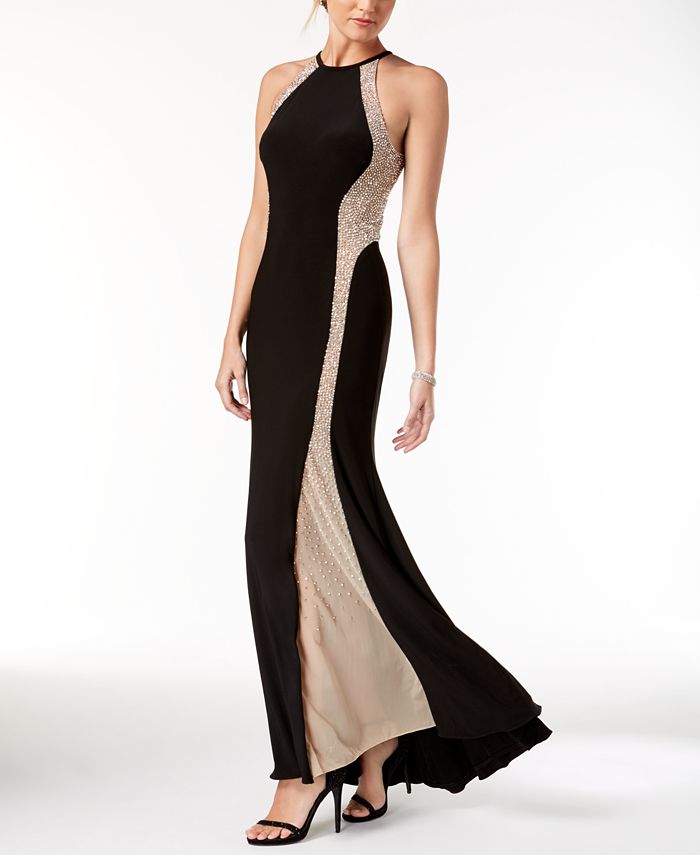 xscape caviar beaded illusion gown