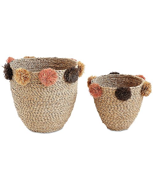 3R Studio Natural Seagrass Baskets with Brown & Pink Pom Poms, Set of 2