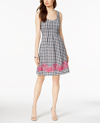 Nine West Embroidered Gingham Dress, Created for Macy's - Macy's