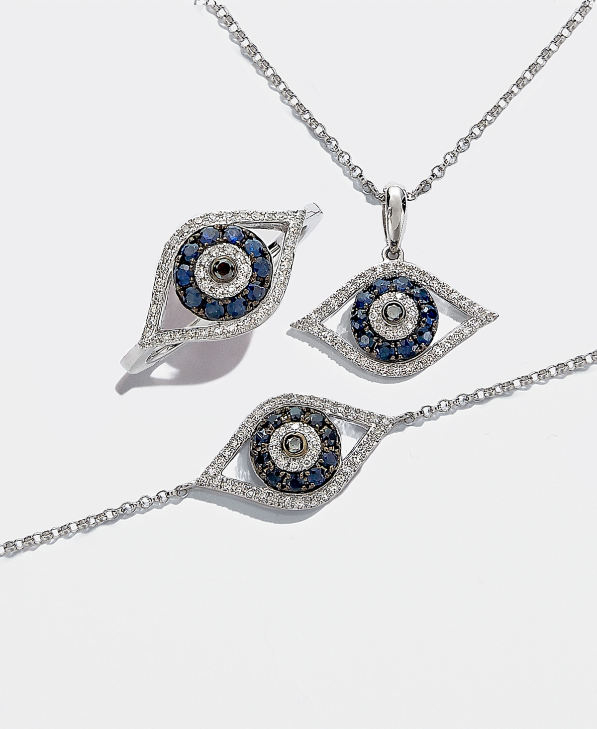 Effy Sapphire (1/4 ct. t.w.) and Black and White Diamond (1/8 ct. t.w.) Evil Eye Pendant in 14k Gold