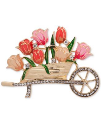Anne Klein - Gold-Tone Pav&eacute; & Enamel Flower Wheelbarrow Pin