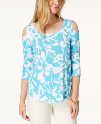 JM Collection Women's Printed Cold Shoulder Top  Navy Size Large