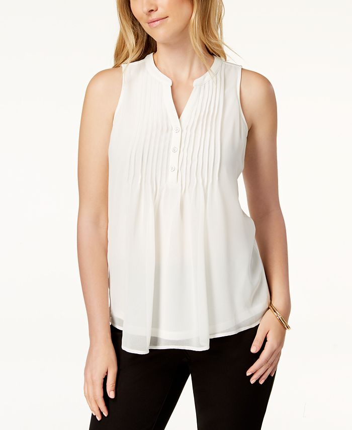 Charter Club Petite Pleated Button-Neck Top, Created for Macy's - Macy's