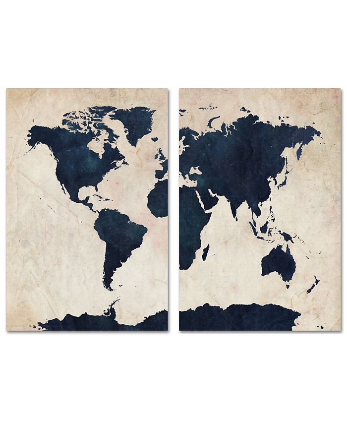 Trademark Global - Michael Tompsett World Map – Navy 2-Panel Canvas Art Print Set