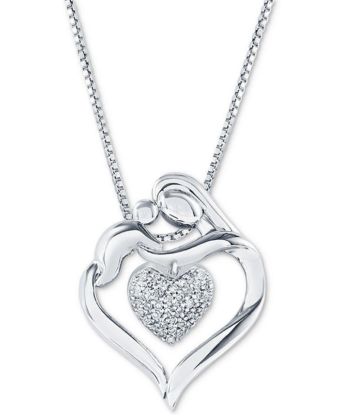 Macy's Diamond Mother & Child Heart 18" Pendant Necklace (1/8 ct. t.w.) in Sterling Silver Macy's