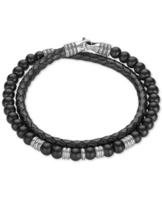 Esquire Men's Jewelry Onyx (6mm) Beaded Black Leather Wrap Bracelet in ...