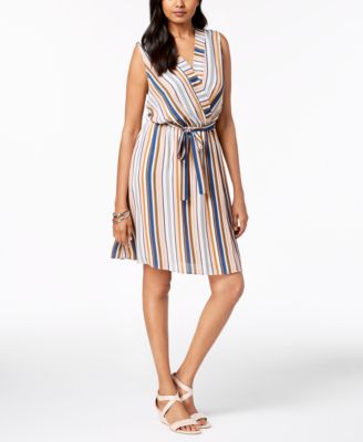 Monteau Petite Striped Faux-Wrap Dress - Macy's