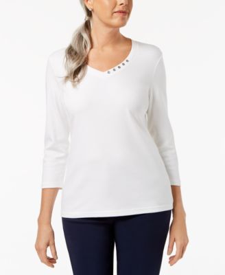 Karen Scott - Cotton Embellished V-Neck Top