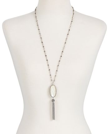 Lucky Brand - Silver-Tone Mother-Of-Pearl-Look Beaded Lariat Necklace