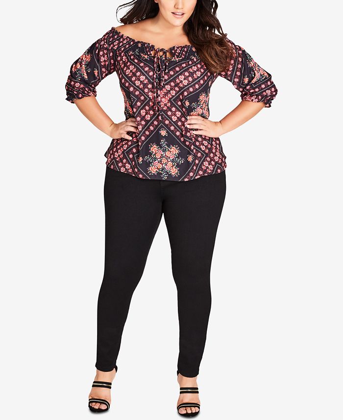 City Chic Trendy Plus Size Road Trip Printed Off-The-Shoulder Top - Macy's