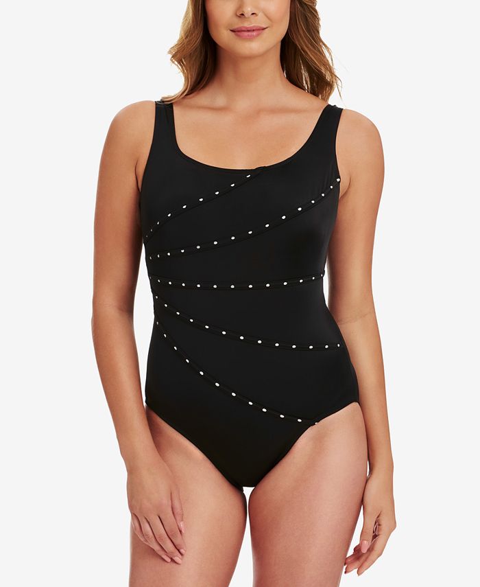 Swim Solutions Embellished Tummy-Control Long-Torso One-Piece Swimsuit,  Created for Macy's - Macy's