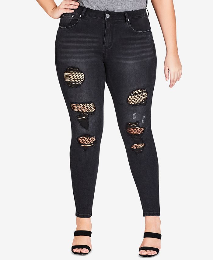 City Chic Trendy Plus Size Ripped Fishnet Skinny Jeans - Macy's